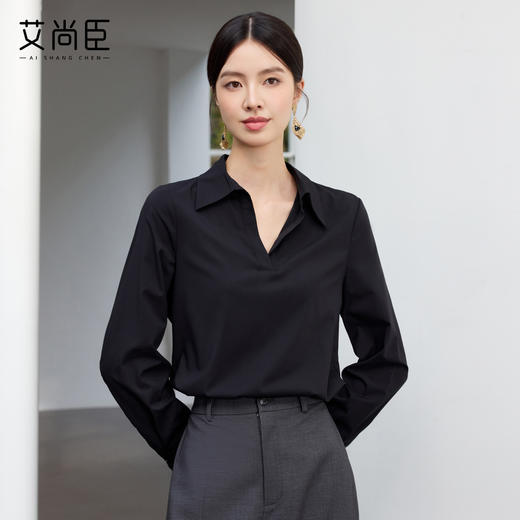 艾尚臣新款高级感黑色轻熟风V领衬衫气质简约通勤正式场合上衣 商品图1