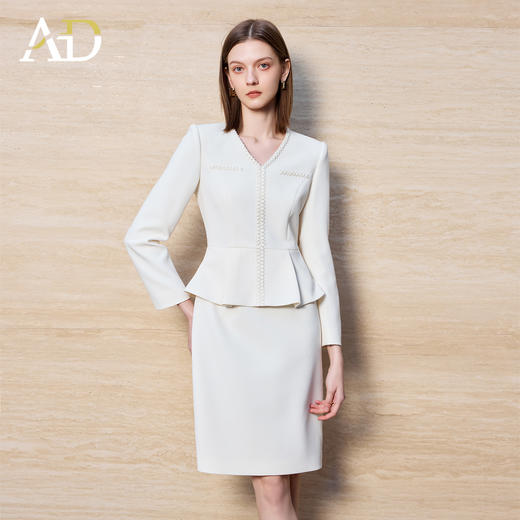AD女神范小香风连衣裙女米白色肌理感荷叶边高级感假两件西装裙子 商品图1