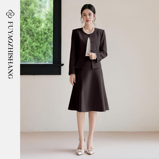 FUYAO扶摇 短款西装外套女秋冬高级感气质棕色小香风西服时尚套装 商品图3