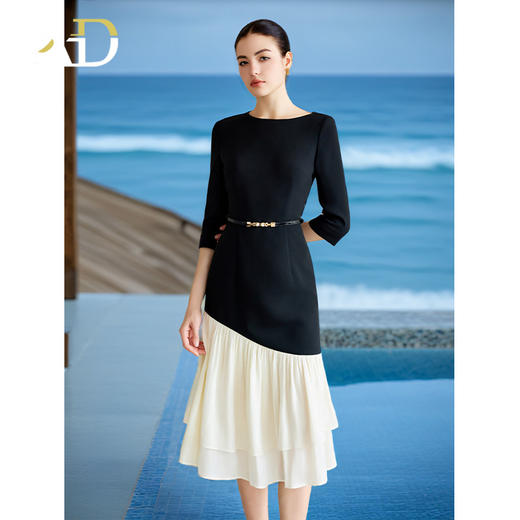 AD重要场合连衣裙秋季气质女神范职业西装裙接拼米白色荷叶边包裙 商品图3