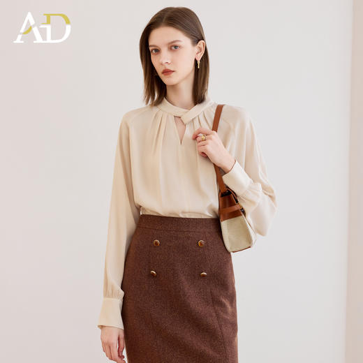 AD法式独特绝美上衣女设计感圆领扭结灯笼袖衬衫气质温柔杏色长袖 商品图0