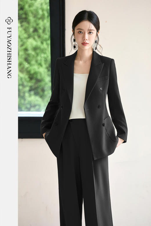 FUYAO扶摇 秋冬时尚套装女黑色双排扣阔版西装直筒裤高级感两件套 商品图5