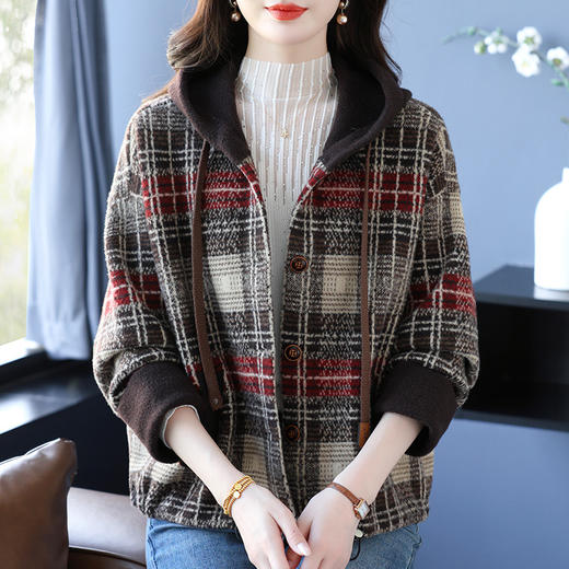 CC 10-5072连帽格子宽松呢子针织开衫 商品图1