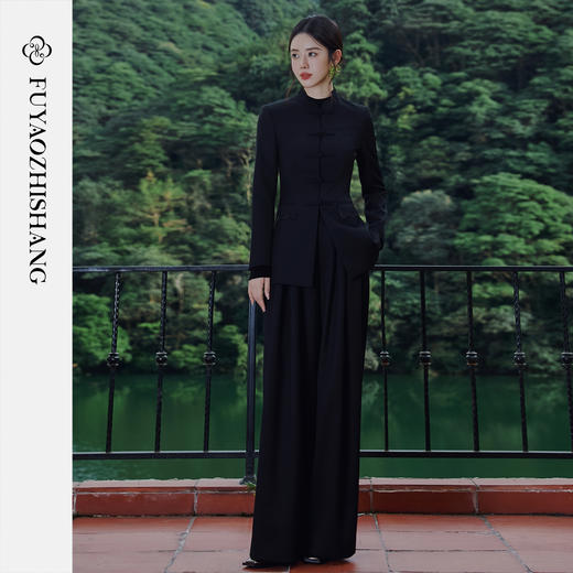 FUYAO扶摇 秋季新款高级感西装套装女国风对襟盘扣黑色西服两件套 商品图2