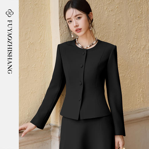FUYAO扶摇 黑色醋酸半身裙两件套2025新款轻奢高级感圆领西装套装 商品图1