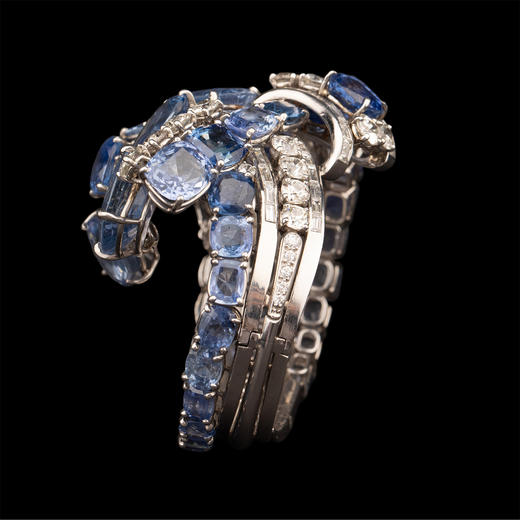 独角鹿西洋古董 1950年代美国出品铂金镶嵌钻石及蓝宝石手镯 商品图5