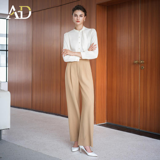 AD轻奢高级感纯色小衫秋季新款米色立领衬衫两件套显瘦垂感直筒裤 商品图3