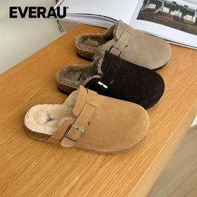 EVERAU复古牛反绒内里羊皮毛一体勃肯拖鞋EA5063
