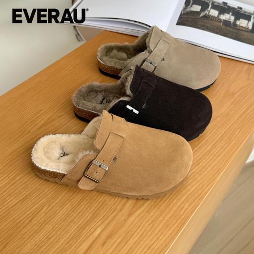 EVERAU复古牛反绒内里羊皮毛一体勃肯拖鞋EA5063 商品图0