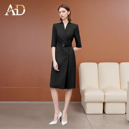 AD黑色工作服女七分袖连衣裙2025秋季新款防走光中长款无领西装裙 商品图1