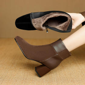 【预售5天】时尚真皮拼接粗跟短靴，方头高跟百搭时装女靴气质马丁靴NJMK&K1791