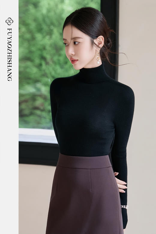 FUYAO扶摇 纯羊绒衫气质黑色上衣女秋冬百搭高级感针织衫修身显瘦 商品图5