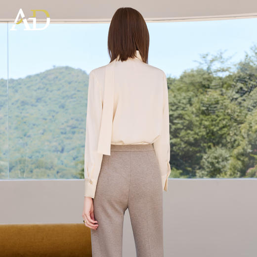 AD杏色衬衫女长袖春秋设计感小众飘带上衣法式V领职业装女士衬衣 商品图4