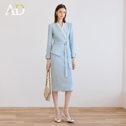 AD时尚气质套装女秋冬高级感蓝色木耳边长袖外套上班通勤两件套 商品图1