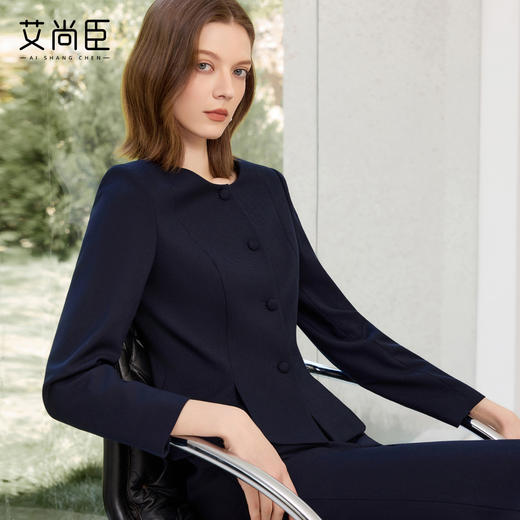 艾尚臣藏青色时尚套装女早秋圆领西服正装气质高端通勤面试职业装 商品图0