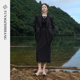 FUYAO扶摇 醋酸高级感西装两件套女黑色宽松西服外套优雅时尚套装