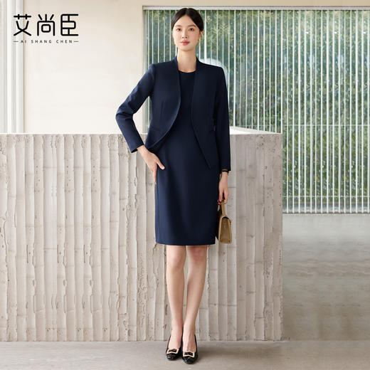 艾尚臣藏青色高级感时尚西装连衣裙气质商务修身显瘦两件套工作服 商品图0