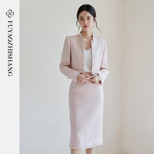 FUYAO扶摇 轻奢小香风套装秋冬盘扣立领短外套温柔富家千金感穿搭 商品图0