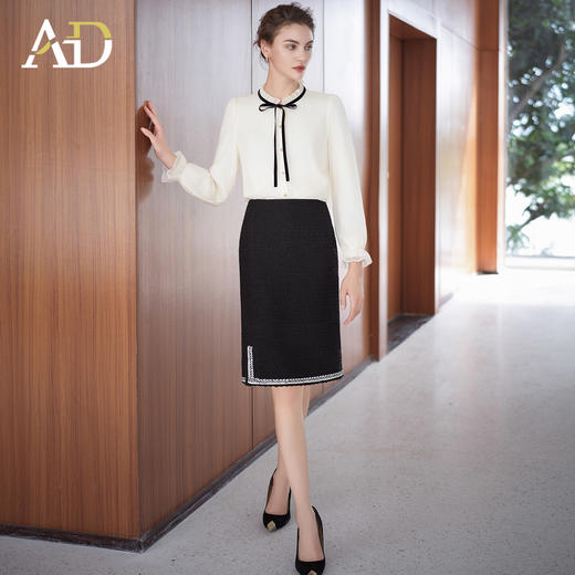 AD衬衫女2025新款韩版压褶小立领双层厚款长袖衬衣半身裙两件套装 商品图2