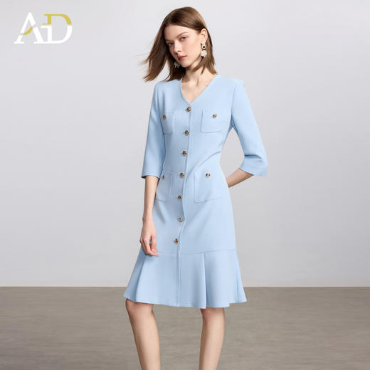AD气质V领蓝色连衣裙女士职业装西服裙2025新款单排扣荷叶边裙子 商品图2