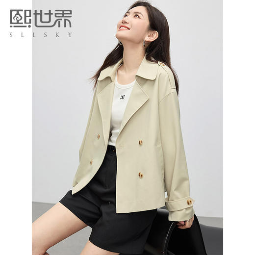 【专属特价】熙世界卡其色双排扣风衣女短款小个子2025年春秋新款超好看短外套 商品图0