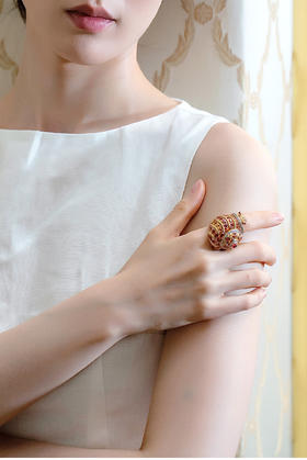 独角鹿西洋古董 1970年代美国出品18K黄金镶嵌钻石碧玺及黄水晶「蜗牛」造型戒指