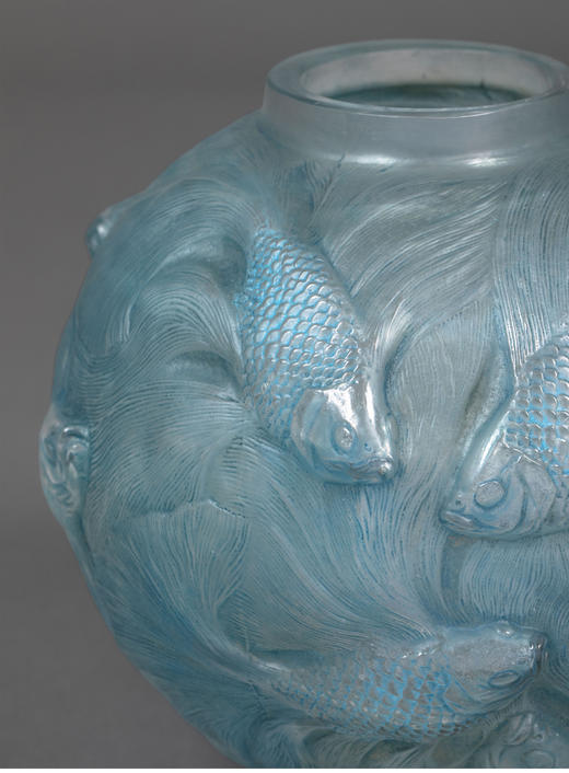 独角鹿西洋古董 1924年法国水晶工坊莱俪LALIQUE设计出品「Formose锦鲤」主题蓝色水晶花瓶 商品图2