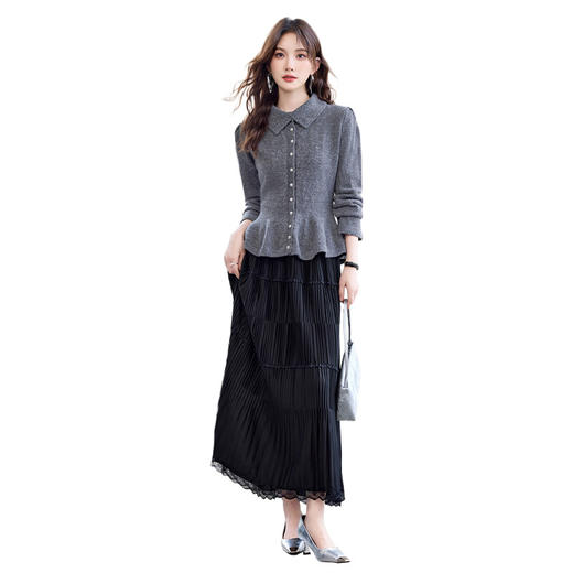 HR YBER618法式简约风珍珠圆领收腰气质款两件套裙 商品图4