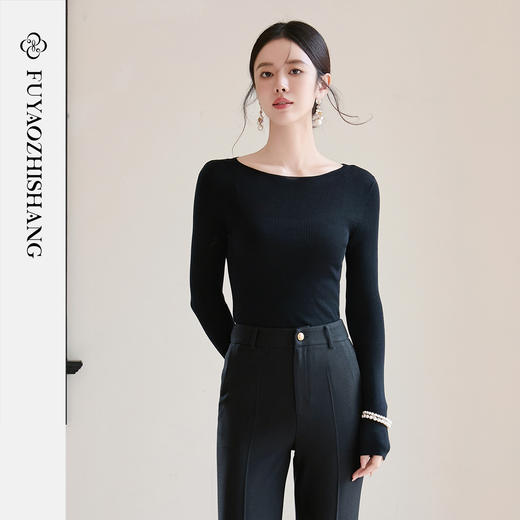 FUYAO扶摇 【100%绵羊毛】黑色显瘦打底衫女新款修身百搭针织衫冬 商品图1