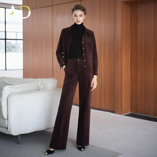 AD秋冬灯芯绒套装2025新款干练棕色外套女士通勤职业装保暖直筒裤 商品图2