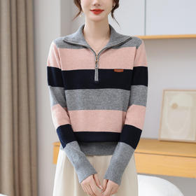 CC 28-1588慵懒风条纹针织衫半拉链翻领宽松毛衣上衣