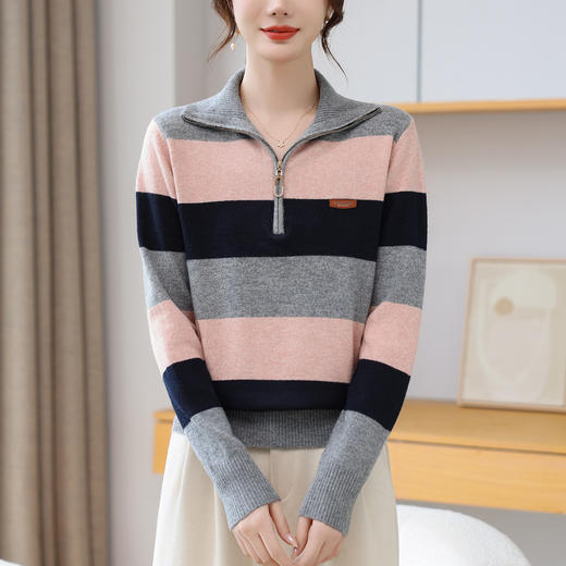 CC 28-1588慵懒风条纹针织衫半拉链翻领宽松毛衣上衣 商品图0