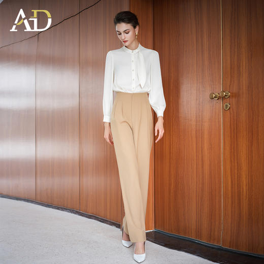 AD轻奢高级感纯色小衫秋季新款米色立领衬衫两件套显瘦垂感直筒裤 商品图2