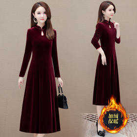 OMS-CB307时尚洋气大码加绒金丝绒连衣裙女冬季2025新款修身气质过膝打底裙