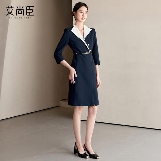艾尚臣藏青色西装连衣裙高级感气质V领轻熟风连衣裙通勤职场正装 商品图3