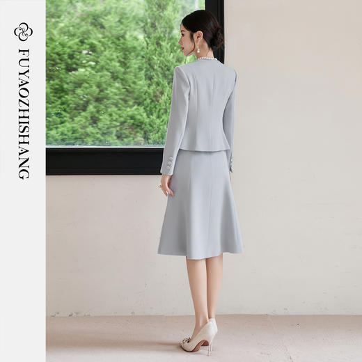 FUYAO扶摇 醋酸时尚套装女2025秋季蓝色圆领气质小香风西装两件套 商品图4