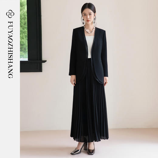 FUYAO扶摇 轻奢小香风西装套装女秋冬黑色高级感醋酸西服两件套 商品图0