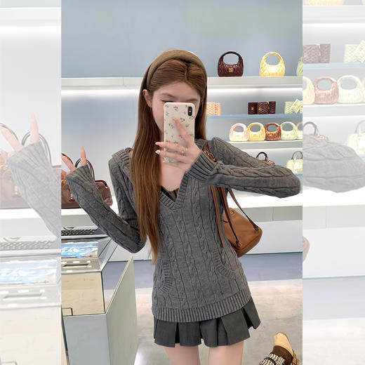 西遇V领麻花针织衫女秋季新款收腰显瘦气质长袖连帽毛衣SS051635 商品图3