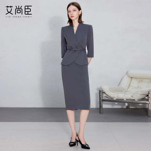 艾尚臣职业西装套装裙女秋深灰色职场西服正装上班通勤修身工作服 商品图1