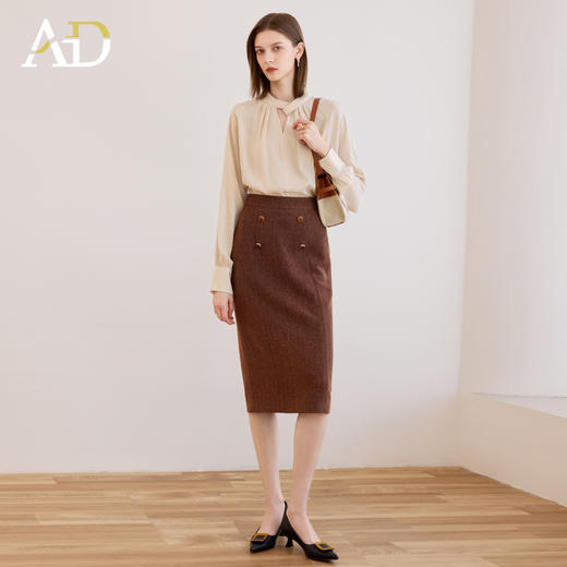AD2025新款气质蝴蝶结杏色长袖衬衫女法式独特绝美小上衣包臀半裙 商品图2
