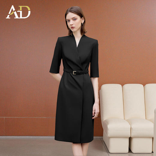 AD黑色工作服女七分袖连衣裙2025秋季新款防走光中长款无领西装裙 商品图2