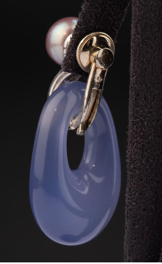 独角鹿西洋古董 1960年代法国出品铂金镶嵌钻石及天然海水珍珠玉髓耳坠 商品图4