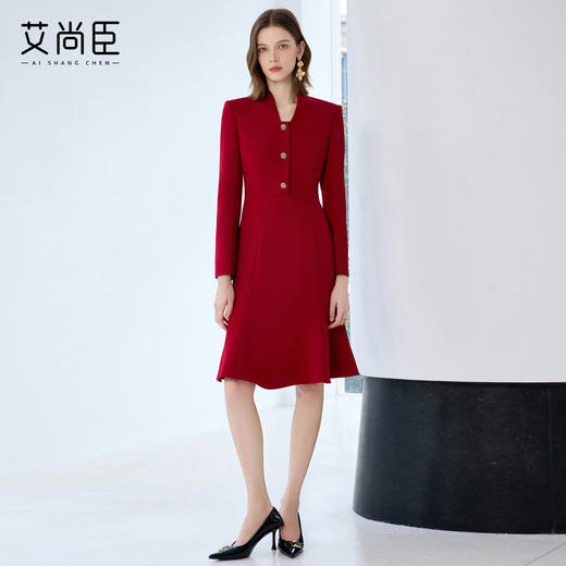 艾尚臣红色连衣裙女轻奢高级感轻熟风鱼尾裙通勤职业主持人西装裙 商品图1
