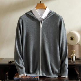 【康赛妮百分百纯山羊绒】开衫男12针连帽亲肤保暖开衫百搭外套