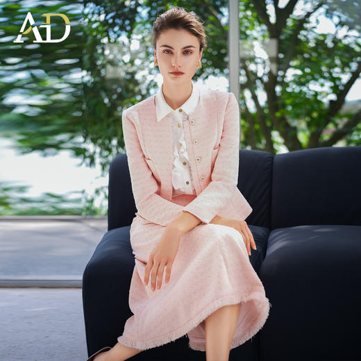 AD韩系早秋穿搭一整套2025新款浅粉色手工拉毛小香风套装流苏伞裙 商品图1