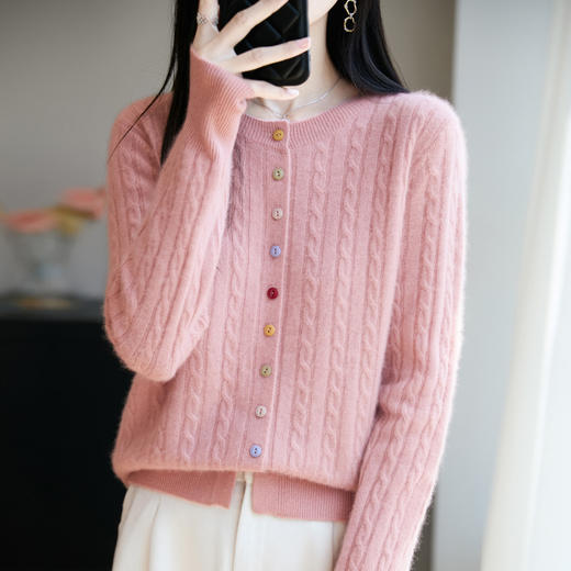 丁摩 100%纯羊毛圆领扭花彩扣开衫打底上衣M2-458 商品图2