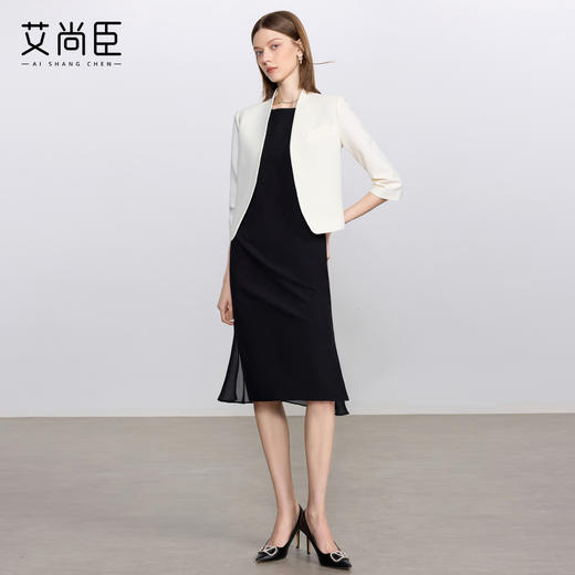 艾尚臣白色时尚套装女通勤无领小西服轻奢高级感西装连衣裙职业装 商品图1
