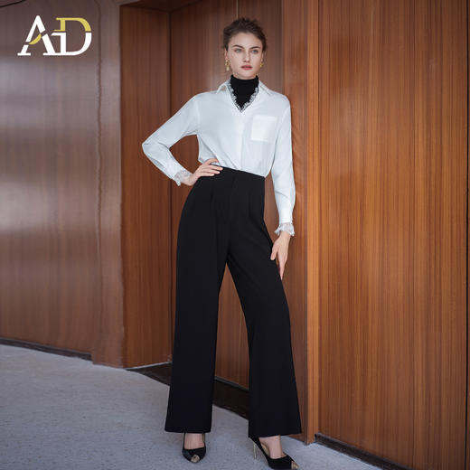 AD高级轻奢穿搭一整套2025新款蕾丝边V领衬衫女百搭高腰黑色西裤 商品图2
