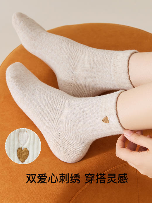 原价49.9 限时折扣29.9元【体慕】羊毛袜子女秋冬款加厚保暖中筒袜可爱睡眠月子袜爱心刺绣堆堆长袜 商品图3