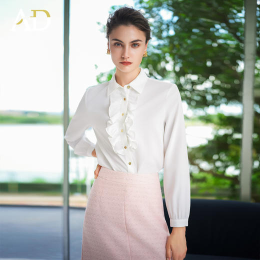 AD独特设计感漂亮白色衬衫女洋气木耳边褶皱长袖2025新款气质小衫 商品图3